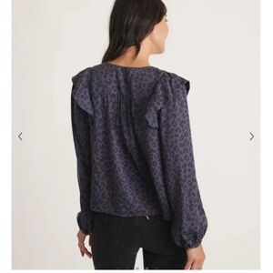 Marine Layer NWT Women’s Rory Long sleeve Ruffle blouse, blue and black. Large